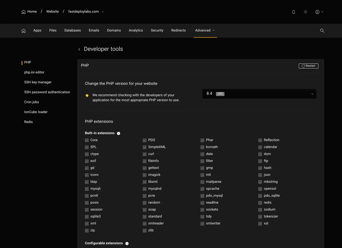 Developer tools in the Litehost panel: PHP version selector and the full list of built-in and configurable PHP extensions