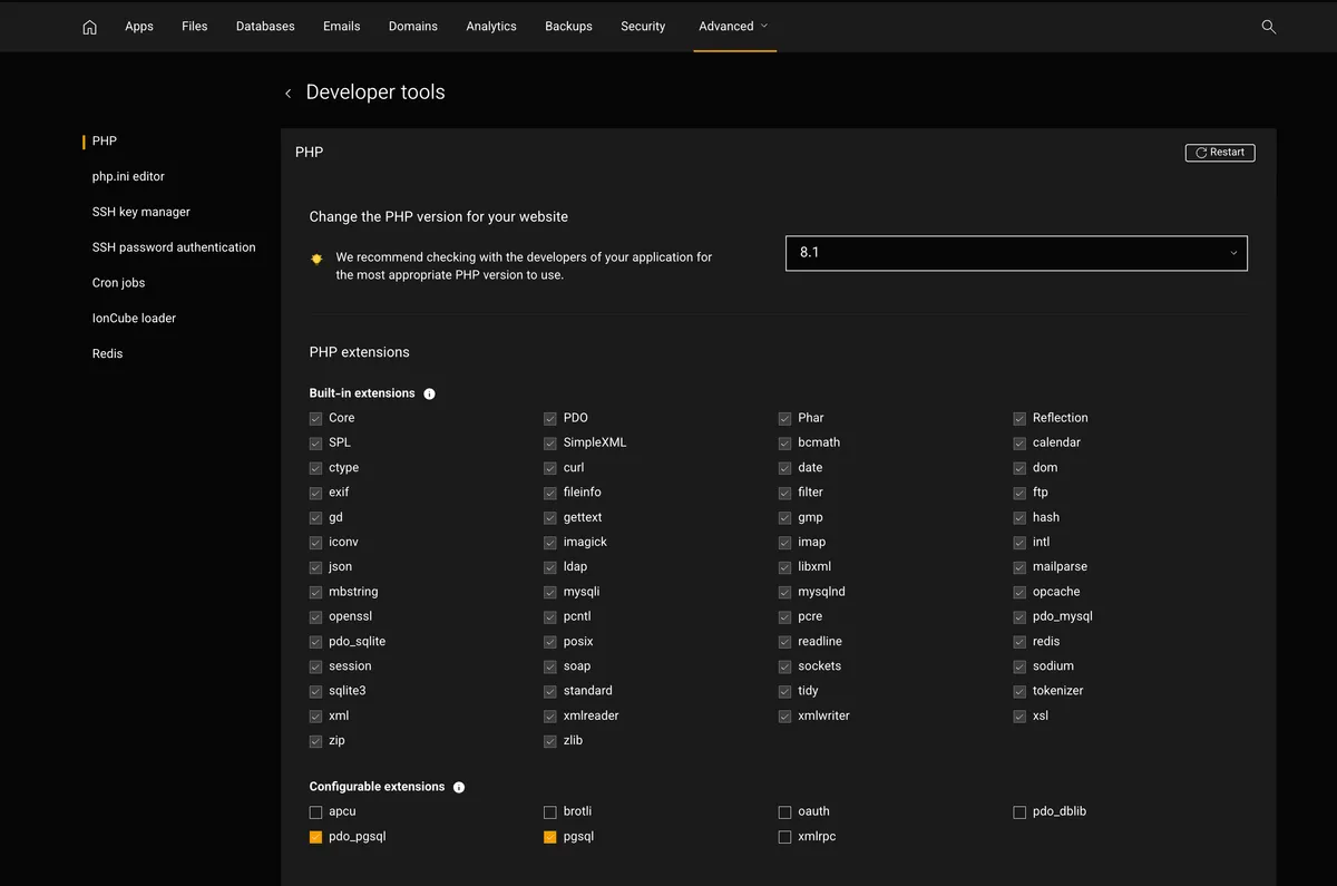 Developer tools in the Litehost panel: PHP version selector and the full list of built-in and configurable PHP extensions