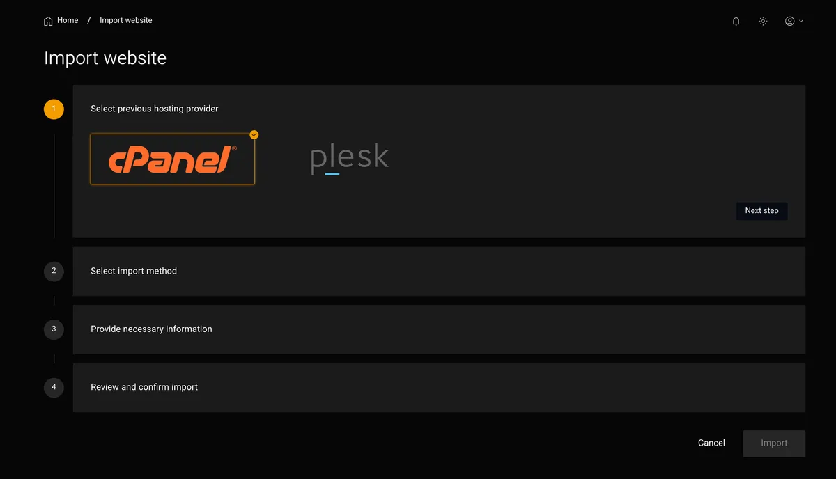 The Import website wizard in the Litehost panel: choose cPanel or Plesk, pick an import method, enter credentials, then review and confirm