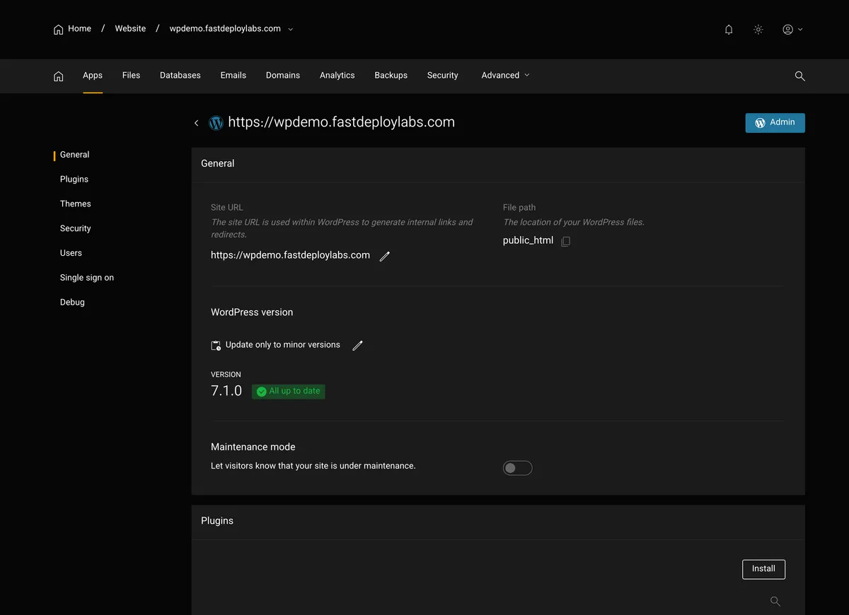 The WP Toolkit in the Litehost panel: site URL, WordPress version, plugins, themes and user management on one screen